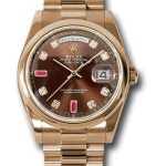 Rolex Everose Gold Day-Date 36 Watch – Domed Bezel – Chocolate Diamond And Ruby Dial – President Bracelet – 118205 chodrp