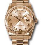 Rolex Pink Gold Day-Date 36 Watch – Domed Bezel – Pink Champagne Roman Dial – President Bracelet – 118205