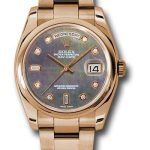Rolex Pink Gold Day-Date 36 Watch – Domed Bezel – Dark Mother-Of-Pearl Diamond Dial – Oyster Bracelet – 118205 dkmdo
