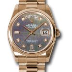 Rolex Pink Gold Day-Date 36 Watch – Domed Bezel – Dark Mother-Of-Pearl Diamond Dial – President Bracelet – 118205 dkmdp