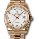Rolex Pink Gold Day-Date 36 Watch – Domed Bezel – White Roman Dial – President Bracelet – 118205
