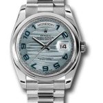 Rolex Platinum Day-Date 36 Watch – Domed Bezel – Ice Blue Wave Arabic Dial – President Bracelet – 118206 glawap