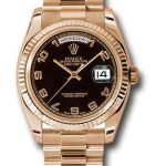 Rolex Pink Gold Day-Date 36 Watch – Fluted Bezel – Black Arabic Dial – President Bracelet – 118235