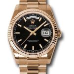 Rolex Pink Gold Day-Date 36 Watch – Fluted Bezel – Black Index Dial – President Bracelet – 118235