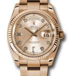 Rolex Pink Gold Day-Date 36 Watch – Fluted Bezel – Champange Diamond Dial – Oyster Bracelet – 118235