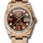 Rolex Everose Gold Day-Date 36 Watch – Fluted Bezel – Chocolate Diamond And Ruby Dial – Oyster Bracelet – 118235 chodro