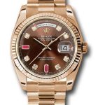Rolex Everose Gold Day-Date 36 Watch – Fluted Bezel – Chocolate Diamond And Ruby Dial – President Bracelet – 118235 chodrp