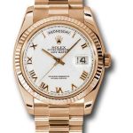 Rolex Pink Gold Day-Date 36 Watch – Fluted Bezel – White Roman Dial – President Bracelet – 118235