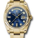 Rolex Yellow Gold Day-Date 36 Watch – Fluted Bezel – Blue Diamond Dial – Oyster Bracelet – 118238