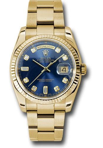 Rolex Yellow Gold Day-Date 36 Watch – Fluted Bezel – Blue Diamond Dial – Oyster Bracelet – 118238