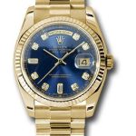 Rolex Yellow Gold Day-Date 36 Watch – Fluted Bezel – Blue Diamond Dial – President Bracelet – 118238