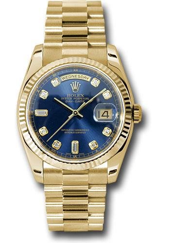 Rolex Yellow Gold Day-Date 36 Watch – Fluted Bezel – Blue Diamond Dial – President Bracelet – 118238