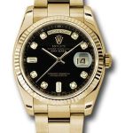 Rolex Yellow Gold Day-Date 36 Watch – Fluted Bezel – Black Diamond Dial – Oyster Bracelet – 118238