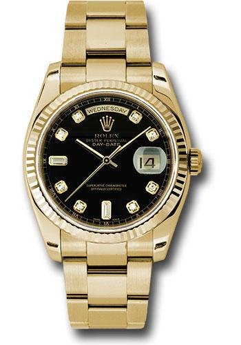 Rolex Yellow Gold Day-Date 36 Watch – Fluted Bezel – Black Diamond Dial – Oyster Bracelet – 118238
