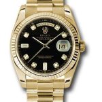 Rolex Yellow Gold Day-Date 36 Watch – Fluted Bezel – Black Diamond Dial – President Bracelet – 118238
