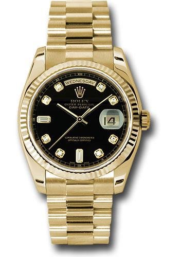 Rolex Yellow Gold Day-Date 36 Watch – Fluted Bezel – Black Diamond Dial – President Bracelet – 118238