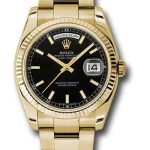 Rolex Yellow Gold Day-Date 36 Watch – Fluted Bezel – Black Index Dial – Oyster Bracelet – 118238