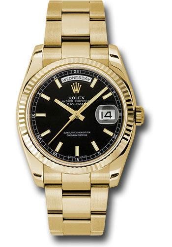Rolex Yellow Gold Day-Date 36 Watch – Fluted Bezel – Black Index Dial – Oyster Bracelet – 118238