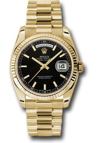 Rolex Yellow Gold Day-Date 36 Watch – Fluted Bezel – Black Index Dial – President Bracelet – 118238