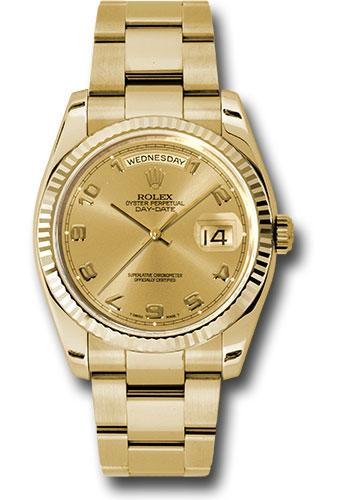 Rolex Yellow Gold Day-Date 36 Watch – Fluted Bezel – Champagne Arabic Dial – Oyster Bracelet – 118238