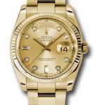 Rolex Yellow Gold Day-Date 36 Watch – Fluted Bezel – Champagne Diamond Dial – Oyster Bracelet – 118238