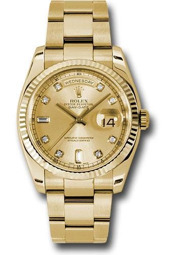 Rolex Yellow Gold Day-Date 36 Watch – Fluted Bezel – Champagne Diamond Dial – Oyster Bracelet – 118238