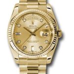 Rolex Yellow Gold Day-Date 36 Watch – Fluted Bezel – Champagne Diamond Dial – President Bracelet – 118238