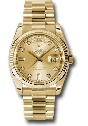 Rolex Yellow Gold Day-Date 36 Watch – Fluted Bezel – Champagne Diamond Dial – President Bracelet – 118238
