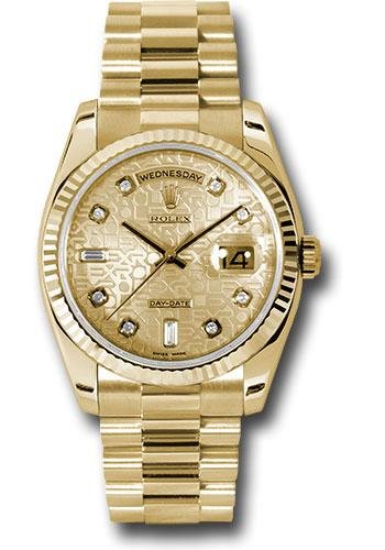 Rolex Yellow Gold Day-Date 36 Watch – Fluted Bezel – Champagne Jubilee Diamond Dial – President Bracelet – 118238 chjdp