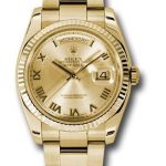 Rolex Yellow Gold Day-Date 36 Watch – Fluted Bezel – Champagne Roman Dial – Oyster Bracelet – 118238