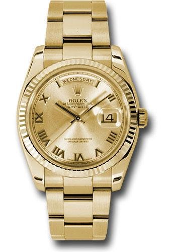 Rolex Yellow Gold Day-Date 36 Watch – Fluted Bezel – Champagne Roman Dial – Oyster Bracelet – 118238