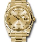 Rolex Yellow Gold Day-Date 36 Watch – Fluted Bezel – Champagne Roman Dial – President Bracelet – 118238