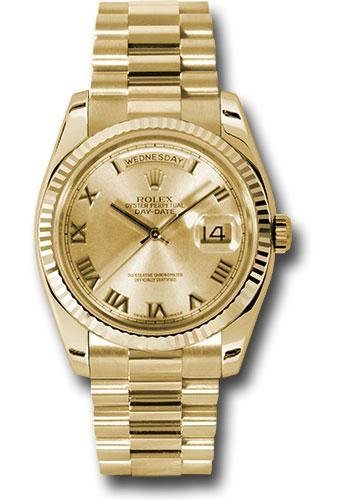 Rolex Yellow Gold Day-Date 36 Watch – Fluted Bezel – Champagne Roman Dial – President Bracelet – 118238