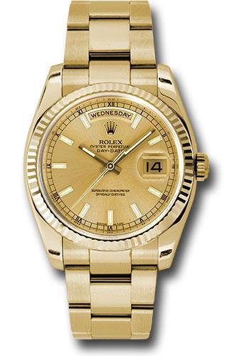 Rolex Yellow Gold Day-Date 36 Watch – Fluted Bezel – Champagne Index Dial – Oyster Bracelet – 118238