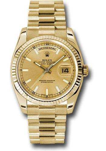 Rolex Yellow Gold Day-Date 36 Watch – Fluted Bezel – Champagne Index Dial – President Bracelet – 118238