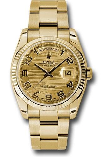 Rolex Yellow Gold Day-Date 36 Watch – Fluted Bezel – Champagne Wave Arabic Dial – Oyster Bracelet – 118238 chwao