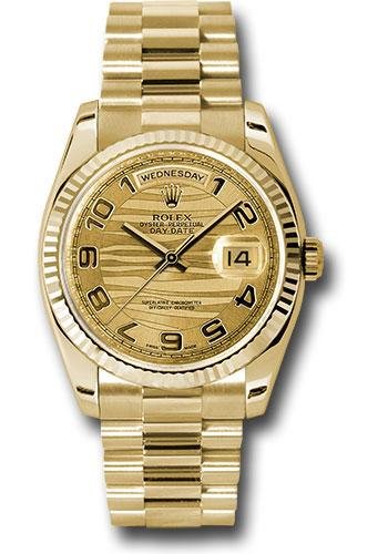 Rolex Yellow Gold Day-Date 36 Watch – Fluted Bezel – Champagne Wave Arabic Dial – President Bracelet – 118238 chwap