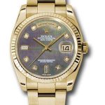 Rolex Yellow Gold Day-Date 36 Watch – Fluted Bezel – Dark Mother-Of-Pearl Diamond Dial – Oyster Bracelet – 118238 dkmdo