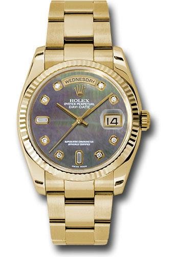 Rolex Yellow Gold Day-Date 36 Watch – Fluted Bezel – Dark Mother-Of-Pearl Diamond Dial – Oyster Bracelet – 118238 dkmdo