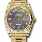 Rolex Yellow Gold Day-Date 36 Watch – Fluted Bezel – Dark Mother-Of-Pearl Diamond Dial – President Bracelet – 118238 dkmdp