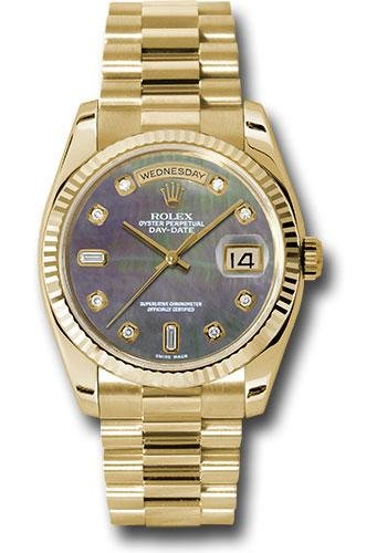 Rolex Yellow Gold Day-Date 36 Watch – Fluted Bezel – Dark Mother-Of-Pearl Diamond Dial – President Bracelet – 118238 dkmdp
