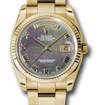 Rolex Yellow Gold Day-Date 36 Watch – Fluted Bezel – Dark Mother-Of-Pearl Roman Dial – Oyster Bracelet – 118238 dkmro
