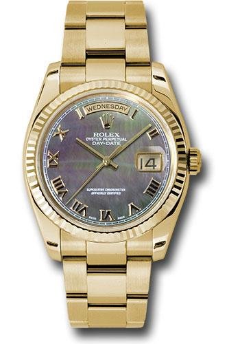 Rolex Yellow Gold Day-Date 36 Watch – Fluted Bezel – Dark Mother-Of-Pearl Roman Dial – Oyster Bracelet – 118238 dkmro