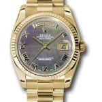 Rolex Yellow Gold Day-Date 36 Watch – Fluted Bezel – Dark Mother-Of-Pearl Roman Dial – President Bracelet – 118238 dkmrp