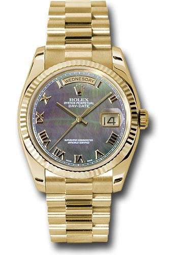 Rolex Yellow Gold Day-Date 36 Watch – Fluted Bezel – Dark Mother-Of-Pearl Roman Dial – President Bracelet – 118238 dkmrp