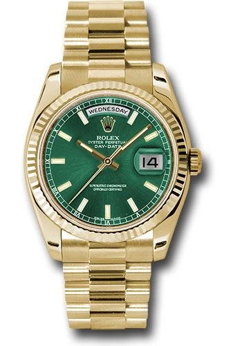 Rolex Yellow Gold Day-Date 36 Watch – Fluted Bezel – Green Index Dial – President Bracelet – 118238