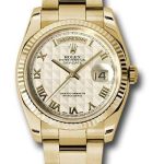 Rolex Yellow Gold Day-Date 36 Watch – Fluted Bezel – Ivory Pyramid Roman Dial – Oyster Bracelet – 118238