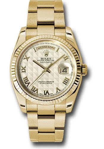 Rolex Yellow Gold Day-Date 36 Watch – Fluted Bezel – Ivory Pyramid Roman Dial – Oyster Bracelet – 118238