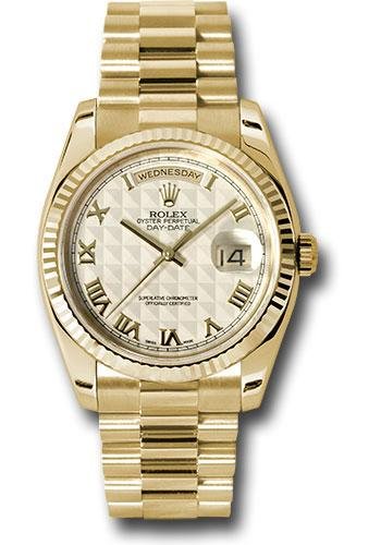 Rolex Yellow Gold Day-Date 36 Watch – Fluted Bezel – Ivory Pyramid Roman Dial – President Bracelet – 118238