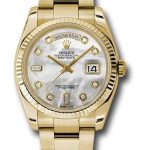 Rolex Yellow Gold Day-Date 36 Watch – Fluted Bezel – Mother-Of-Pearl Diamond Dial – Oyster Bracelet – 118238